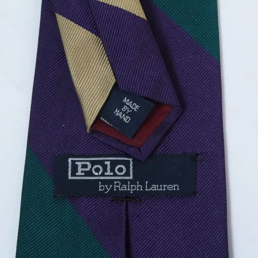 Polo Ralph Lauren Tie Vintage Colorblock Purple Gold Green Silk USA Handmade